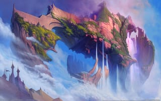 Картинка Ether Saga Online, воздушный, остров, водопады, замок, скалы