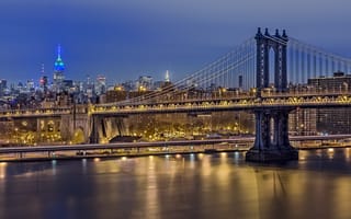 Картинка США, Нью-Йорк, ночь, огни, Манхеттен, мост