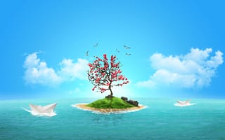 Картинка Остров, дерево, чайки, бумажные кораблики, камни