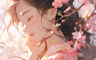 Картинка девушка, сакура, цветы