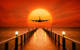Картинка самолет, фотошоп, закат