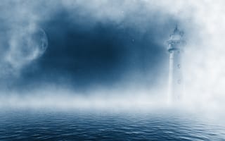 Картинка маяк, море, туман