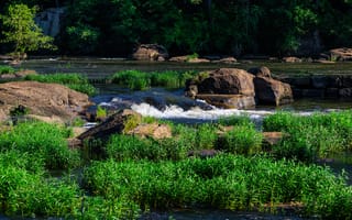 Картинка трава, водопад, камни
