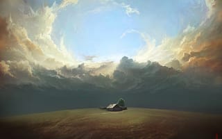 Картинка дом, поле, облака