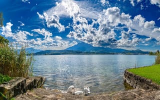 Картинка озеро, горы, облака