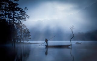Картинка человек, лодка, озеро