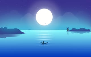 Картинка луна, лодка, рыбак