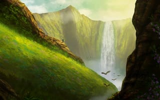 Картинка водопад, птицы, скалы