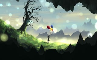 Картинка девочка, силуэт, воздушные шары