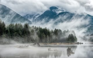 Картинка холм, туман, озеро