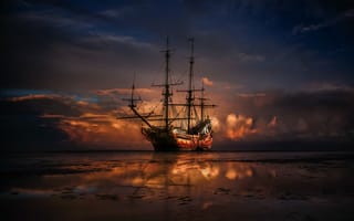 Картинка корабль, горизонт, закат