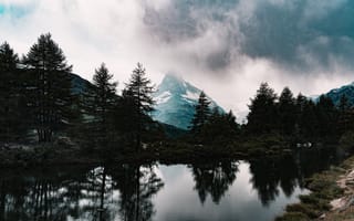 Обои горы, туман, озеро