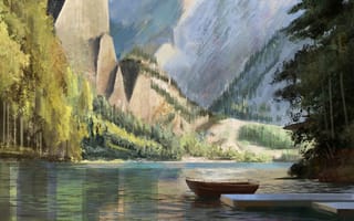 Картинка лодка, горы, скалы