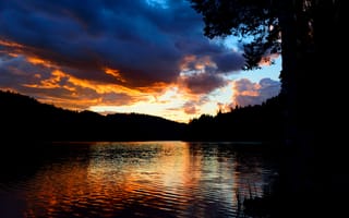 Картинка озеро, деревья, закат