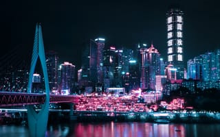 Картинка ночной город, здание, свечение