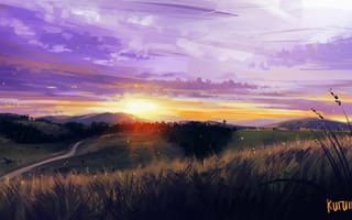 Картинка закат, горы, трава