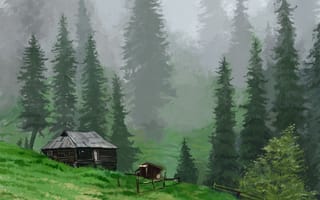 Картинка домик, деревья, луг