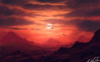 Картинка закат, горы, птицы