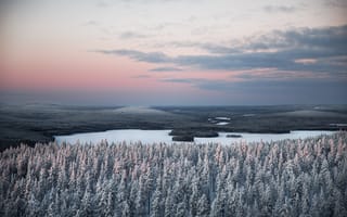 Картинка лес, река, снег