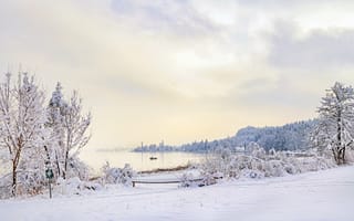 Картинка озеро, лодка, снег