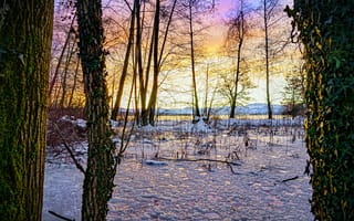 Картинка закат, зима, снег