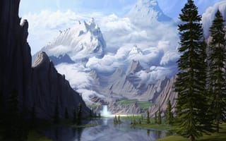 Картинка горы, озеро, водопад