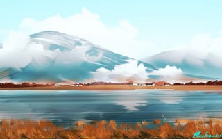 Картинка горы, озеро, домики