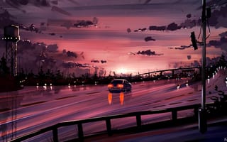 Картинка автомобиль, дорога, закат