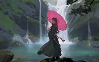 Картинка девушка, зонтик, водопад