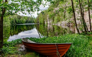 Картинка лодка, озеро, деревья