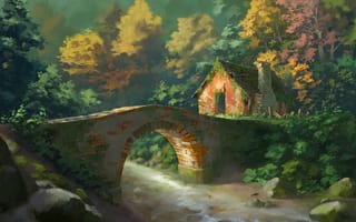Картинка домик, мост, деревья