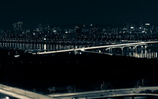 Картинка ночной город, мост, свечение