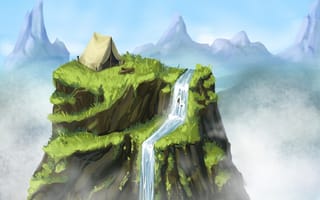 Картинка палатка, скала, водопад