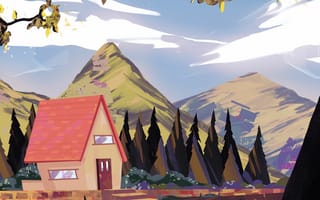 Картинка домик, деревья, горы