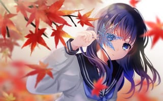 Картинка девушка, клен, листья