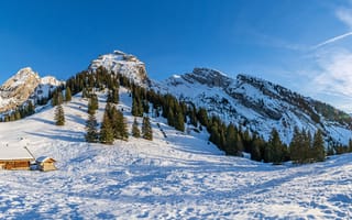 Картинка горы, снег, домик
