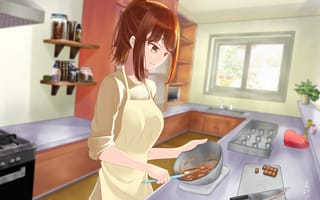 Картинка девушка, фартук, кухня