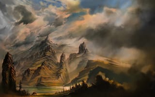 Картинка гора, облака, река