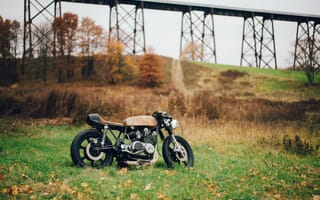 Картинка мотоцикл, трава, листья