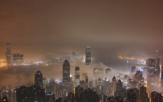 Картинка небоскребы, туман, огни