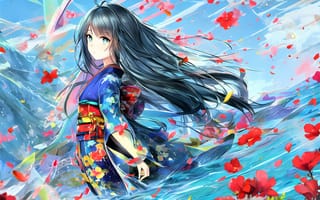 Картинка девушка, кимоно, цветы