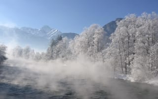 Картинка река, деревья, туман