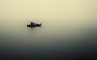 Картинка лодка, река, туман