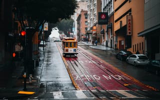 Картинка трамвай, рельсы, улица