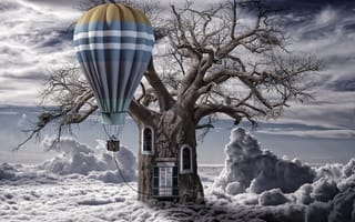 Картинка воздушный шар, облака, дерево