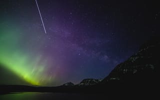 Картинка Северное сияние, Млечный Путь, 5к, ночь, звездное небо, ледниковый национальный парк, фиолетовое небо
