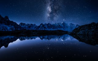 Картинка Млечный Путь, звездное небо, ночь, 5к, горы, озеро, холодный, отражение