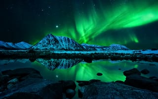 Картинка Северное сияние, отражение, ночь, озеро, 5к, звездное небо, холодный, горы