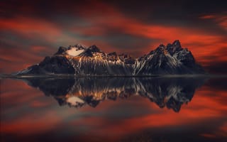 Картинка горы, закат, отражение, 5к, сумерки, пейзаж, озеро, 8k, вечер