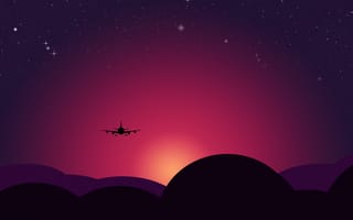 Картинка самолет, закат, иллюстрация, звездное небо, красное небо